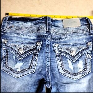 Miss me jeans size 26 mid rise skinny distressed, embellished-blue/silver